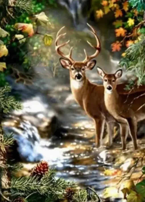Puzzle Diamant painting: Deer and doe by a forest stream 30x40 cm