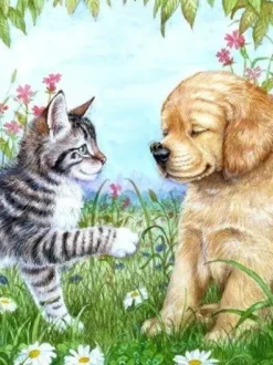 Puzzle Diamant painting: Puppy and kitten 30x40cm