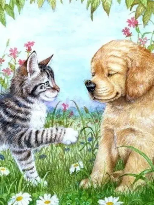 Puzzle Diamant painting: Puppy and kitten 30x40cm