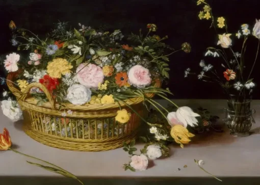 Puzzle Jan Brueghel - Flowers in a Basket and a Vase, 1615
