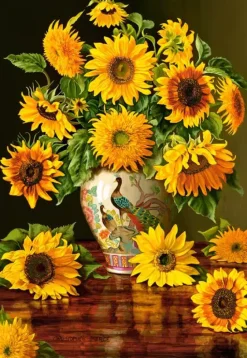 Puzzle Sunflowers in a peacock pot