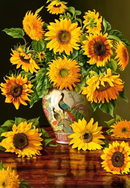 Puzzle Sunflowers in a peacock pot