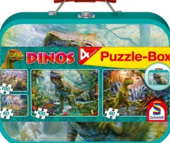 Puzzle 4v1 Doinosauri v plechovom kufríku