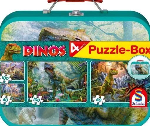 Puzzle 4v1 Doinosauri v plechovom kufríku